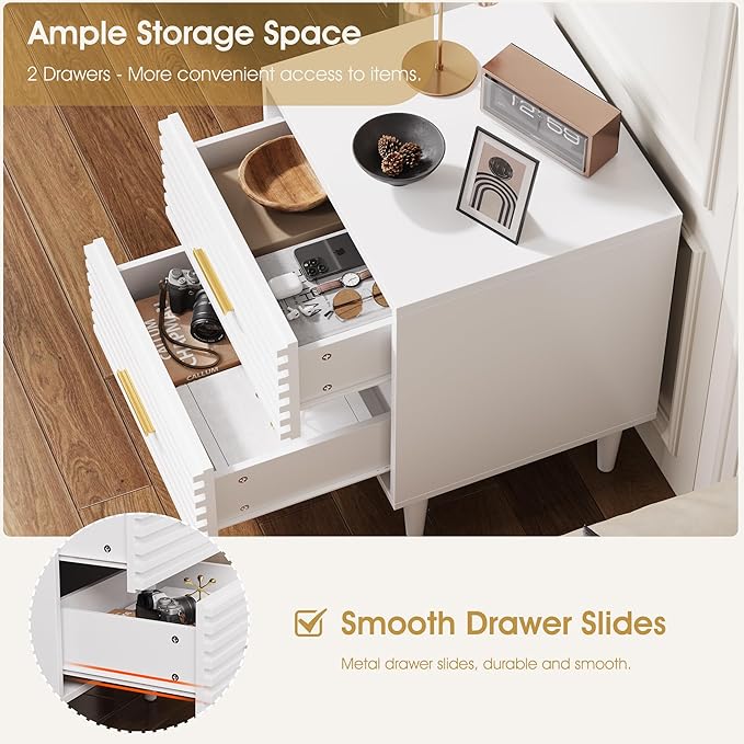 Alohappy Mid Century Modern Nightstand, Fluted Bedside Table with Storage Drawers, End Table for Bedroom, Living Room, White 1pc