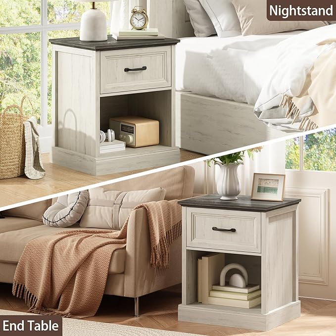 CARPETNAL 20" Farmhouse Nightstand, End Table with Large Drawers & Open Storage, Side Table, Bedside Cabinet for Bedroom, Living Room, White