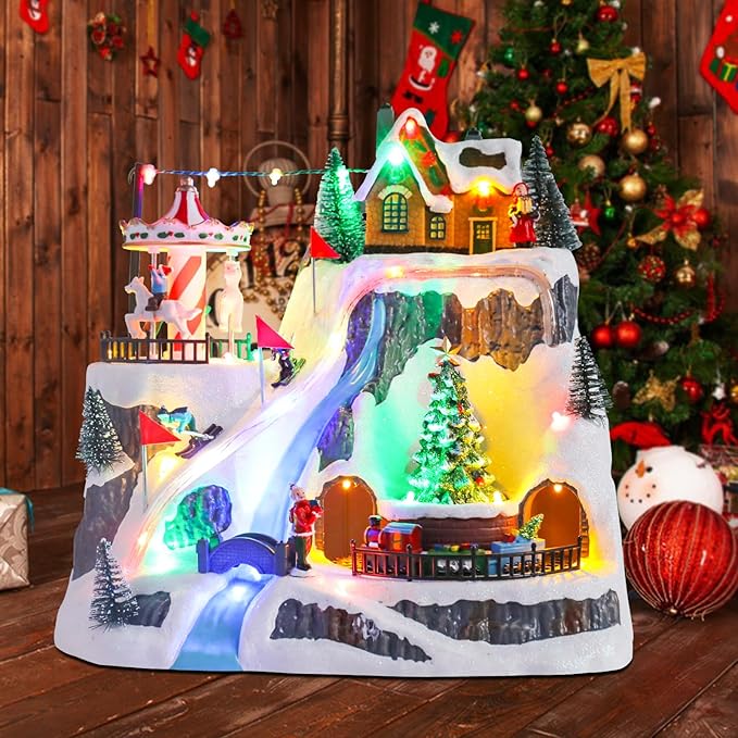 Christmas Village House Musical Christmas Village Skiing on The Mountain Carousel Train Collectible Buildings with LED Lights Vacation with USB Indoor Figurines Decoration