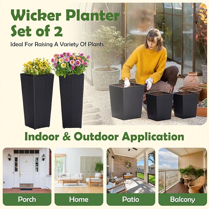 IDZO Wicker All-Weather Planter Set with Liners Tall Plant Decor Box for Outdoors Patio Herb Garden Furnishings - Rectangular Mocha