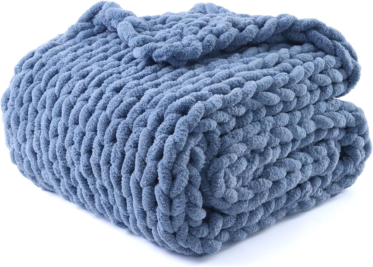 YnM Chunky Throw Blanket, Medium-Weight, Hand Knitted with Chenille Yarn, Skin Friendly, Ventilated and Breathable, Machine Washable, Home Décor Piece for Couch Sofa and Bed (Chambray Blue 50x60 Inch)