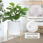 ARNIS Modern Plant Pots, Set of 2 Round Large Planters with Stand, Large Size Metal Pots with Drainage Holes for Living Room, Office, Garden or Balcony, 10.5 &12.25 Inch, White & Gold