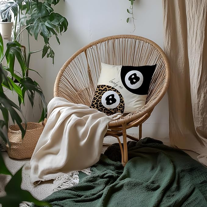 Trendy Leopard Lucky 8 Ball Pillow Covers 18x18, Cheetah Leopard Print Room Decor, Funky Preppy Leopard and Black Billiards Decorative Throw Pillow Covers for Girls Dorm Apartment