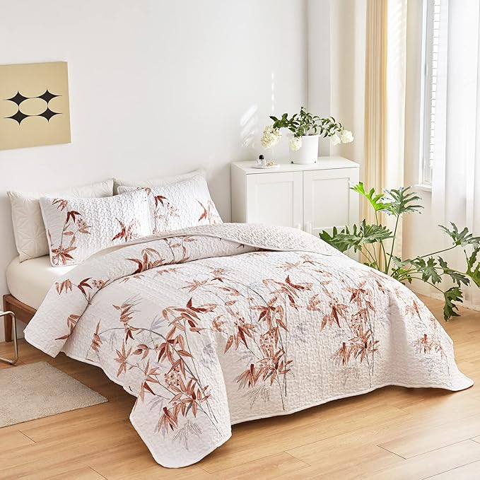 Botanical Quilt Set 3 Pieces King, Burnt Orange Leaves on White Design Reversible Bedspread Coverlet Set, Soft Microfiber Lightweight Bed Cover for All Season (102" x 90", 1 Quilt+ 2 Pillow Shams)