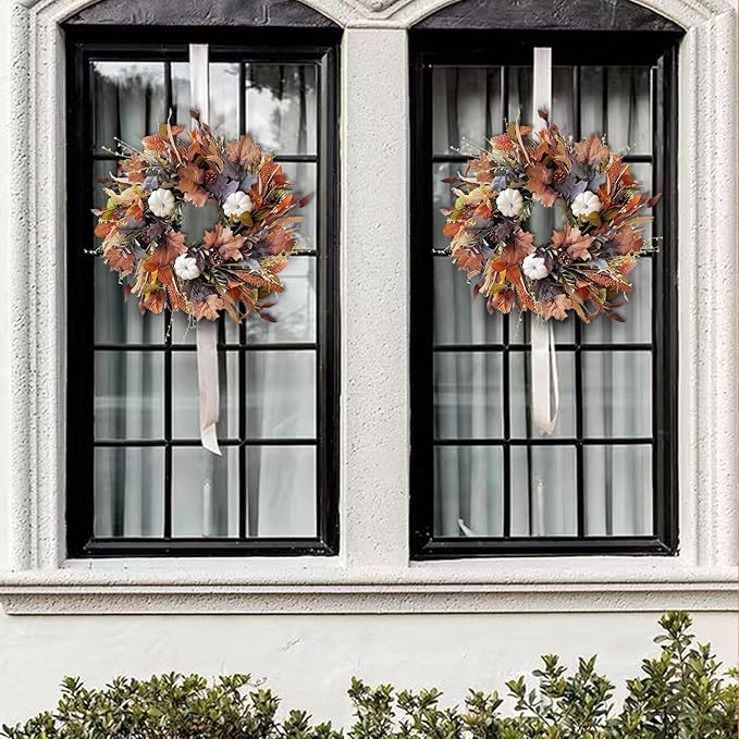 WANNA-CUL 24 Inch Fall Wreath for Front Door with White Pumpkins,Grains, Maple Leaves-Fall Decoration for Home-Large Fall Decor Door Wreath for Autumn,Harvest or Halloween