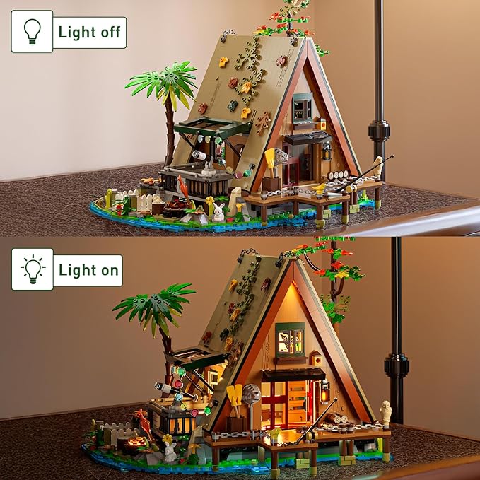 A-Frame Cabin Building Set, MOC Ideas Cabin House Collectible Model Kit with LED for Adults and Kids Age 12+, Gifts for Nature and Architecture Lovers (1486 Pcs)