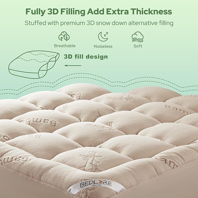BEDLORE Twin XL Mattress Topper Viscose Derived from Bamboo, Thick Pillow Top Mattress Pad with Deep Pockets for 6-15 inches Mattress, Soft Mattress Topper College Dorm Size for Back Pain(Beige)
