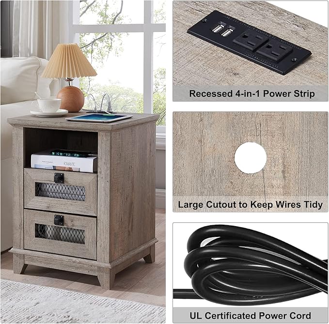 Nightstand with Charging Station,OKD 18'' Industrial & Farmhouse End Table with 2 Drawers & Open Cubby, Rustic Mesh Drawer Sofa Side Table w/Storage for Bedroom, Living Room, Office, Light Rustic Oak