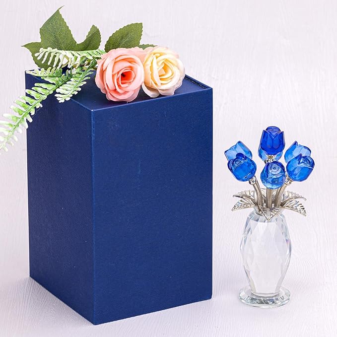 Glass Rose Flowers, Crystal Glass Figurines Rose Decorations for Home Gifts for Mom Wife Grandma, Crystal Flowers Collectible Ornament Mother's Day Thanksgiving Anniversary Birthday Gifts (Blue Rose)