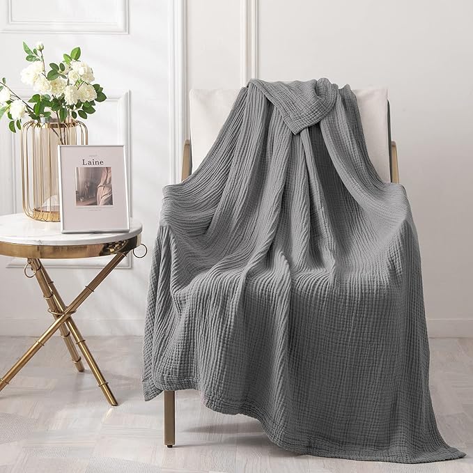 EMME Muslin Grey Twin Blanket 100% Cotton Bed Blankets for Adults and Baby 60"x80" Lightweight Soft Breathable All Season Solid Pre-Washed Gauze, Grey