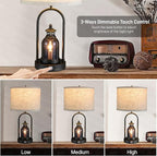 Farmhouse Lantern Table Lamps for Living Room Set of 2, Rustic Vintage Bedroom Nightstand Beside Desk Lamp with 2 USB Charging Ports,Dimmable Touch Night Light,4 Bulbs Included (Black)