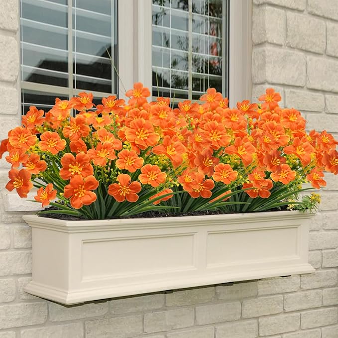 Krissing 8 Pcs Fall Artificial Outdoors Flowers,UV Resistant Fake Fall Plastic Flowers Fuax Fall Shrubs for Outdoors Autumn Home Garden Porch Window Box Thanksgiving Fall Outdoor Decor (Orange)