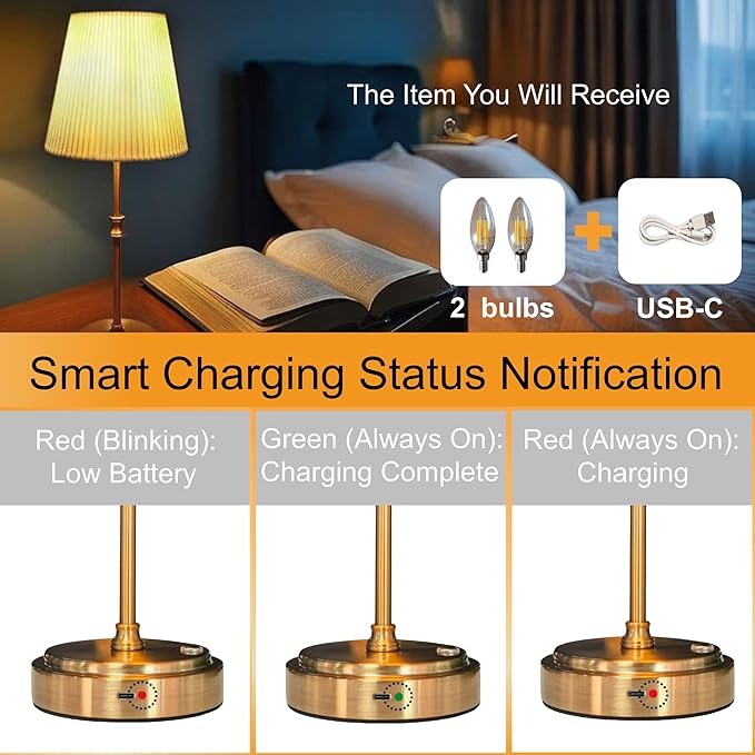 Cordless Table Lamp Rechargeable Vintage Gold-5000mAh Battery Operated Lamp for Decor, 2700K Stepless Dimming Touch Control Wireless Lamp for Bedroom, Living Room, Office, Dormitory