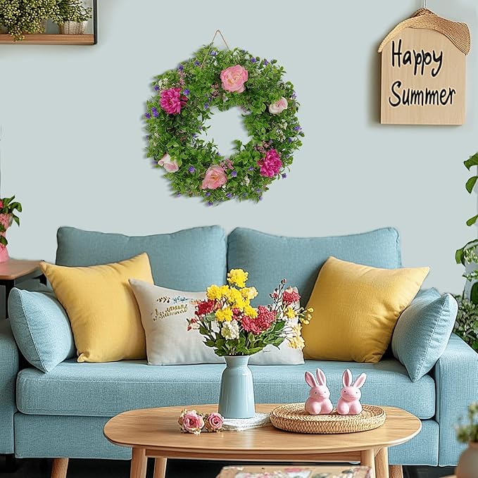 Summer Wreaths for Front Door - 18 Inch Artificial Greenery Wreath, Spring Floral Door Hanging with Textured Leaves, All-Weather Porch Decor for Farmhouse Entryway