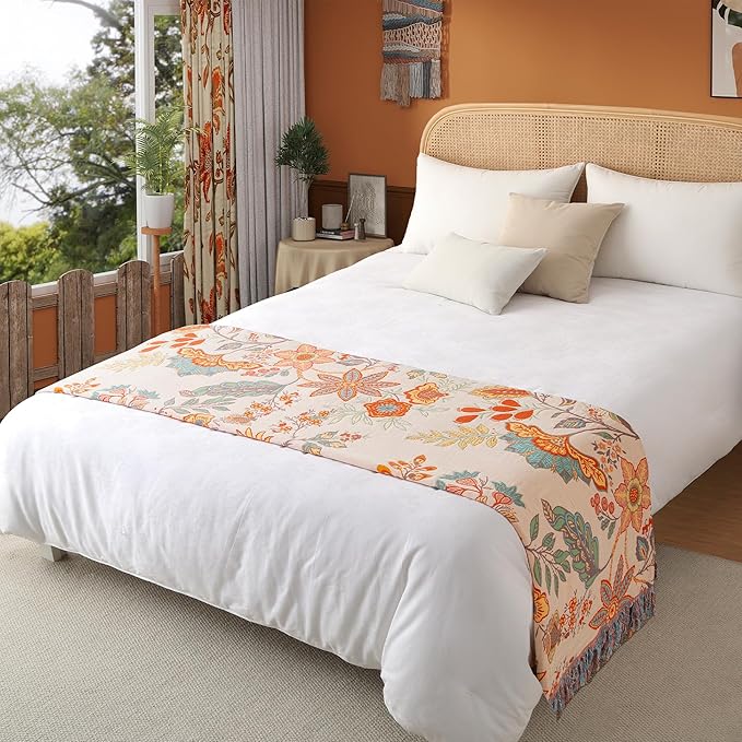 Boho Throw Blanket Full Size, Soft Cozy Cotton Muslin Quilt Blanket for Bed Decor, Floral Patterned Couch Sofa Chair Cover, Vintage Farmhouse Cottage Tapestry Woven Blanket, Coral&Green