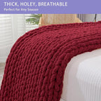 Bigacogo Chunky Knit Throw Blanket for Couch, 51x63 inches, 100% Hand Knitted with Thick Jumbo Chenille Yarn, Cozy Soft Large Rope Knot Cable Crochet Blankets for Sofa Bed Living Room, Red