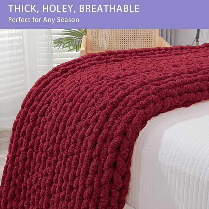 Bigacogo Chunky Knit Throw Blanket for Couch, 40x40 inches, 100% Hand Knitted with Thick Jumbo Chenille Yarn, Cozy Soft Large Rope Knot Cable Crochet Blankets for Sofa Bed Living Room, Red
