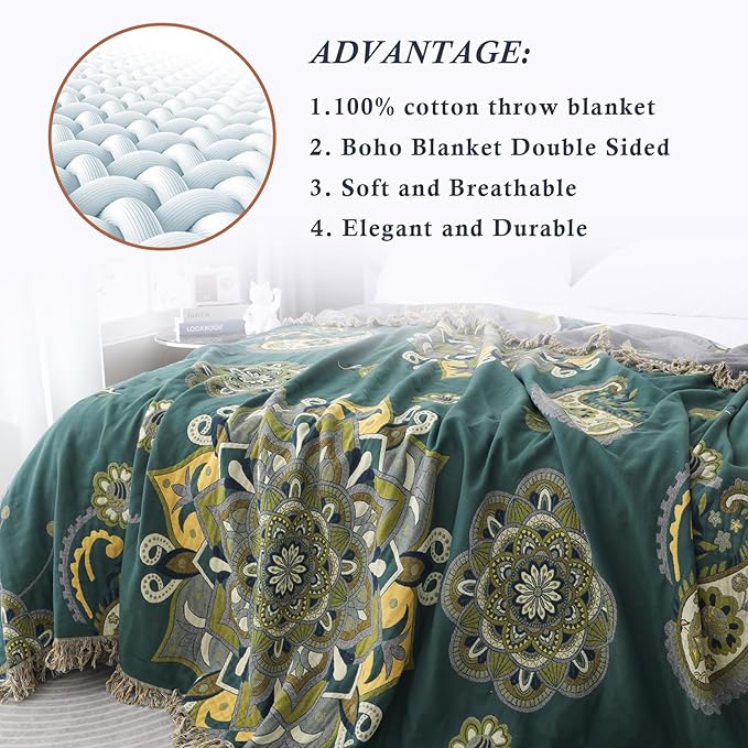 Snycler Boho Throw Blanket for Bed - 100% Cotton Ultra Soft Rustic Quilt - Green Boho Floral Printed Farmhouse Decor Bed Blankets, 80"×90" All Season Rustic Throw for Sofa Couch Chair