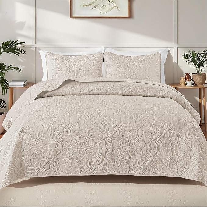 Exclusivo Mezcla Quilts King Size Bedspread with 2 Pillow Shams, Lightweight Brich Beige King Quilt Bedding Set with Vintage Damask Pattern, Soft Bedspreads Coverlets for All Seasons