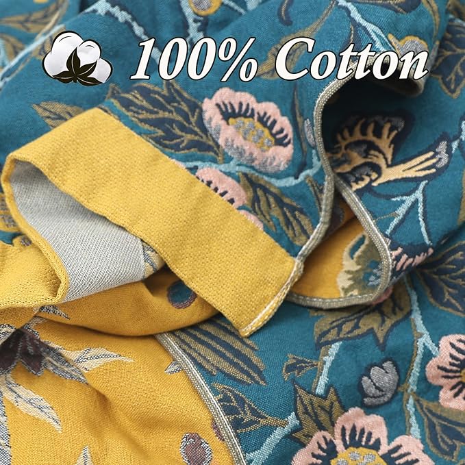 Snycler Boho Throw Blanket for Bed - 100% Cotton Ultra Soft Rustic Quilt Blanket Green Bird Floral Printed Farmhouse Decor Bed Blankets, 80"×90" All Season Rustic Throw for Sofa Couch Chair