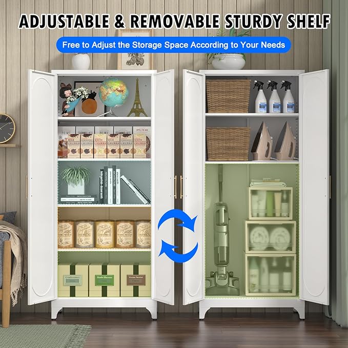 Metal Storage Cabinet with Doors and Shelves, 75 Inch Tall Kitchen Pantry Cabinet, Pantry Cabinets for Kitchen Storage, Freestanding Cupboard for Living, Dining Room, White, Assembly Required