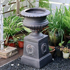 VISIBLE Classic Garden Urn Planter with Pedestal, Black Antique Finish, Cement Fiber Material, Decorative Leaf Pattern, 22 Inch Height, Indoor Outdoor Use, Delivered from Local Warehouse (Black)