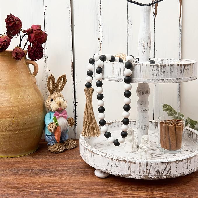 OMISHE 59in Wood Bead Garland with Tassels, Wooden Decorative Beads for Wall and Tabletop, Farmhouse Beads Garland for Home Decor, Black and White