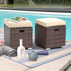 Patiorama 2 Piece Outdoor Patio Ottomans, All-Weather Brown PE Rattan Wicker Ottoman with Storage, Outdoor Footrest Footstool Seat w/Thick Cushion, Built-in Handle for Backyard Poolside Porch (Beige)