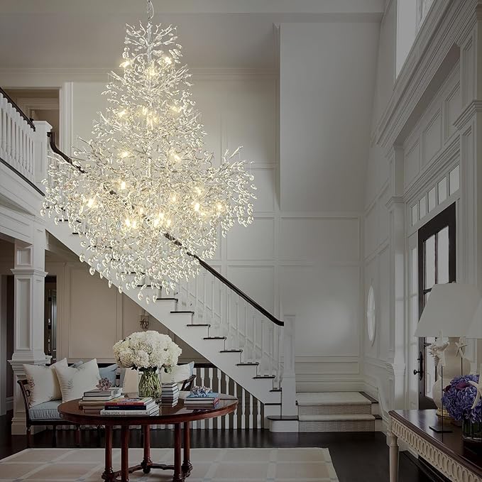 H65'' Silver Crystal High Ceilings Chandelier Staircase Chandeliers Modern Crystal Tree Branch Chandelier, D48'' Foyer Chandelier for High Ceiling Luxury Large Living Room Chandelier, 27-Lights