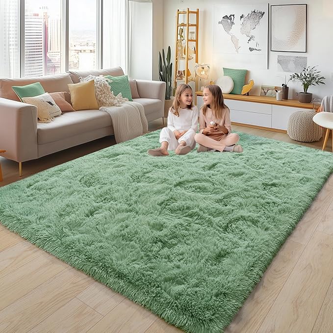 Large 8x10 Area Rugs for Living Room, Sage Green Soft Shag Rug for Bedroom, Non-Slip Ultra Fluffy Rug, Modern Plush Carpet for Girls Boys Kids Room Dorm, Fuzzy Rug for Home Decor Aesthetic