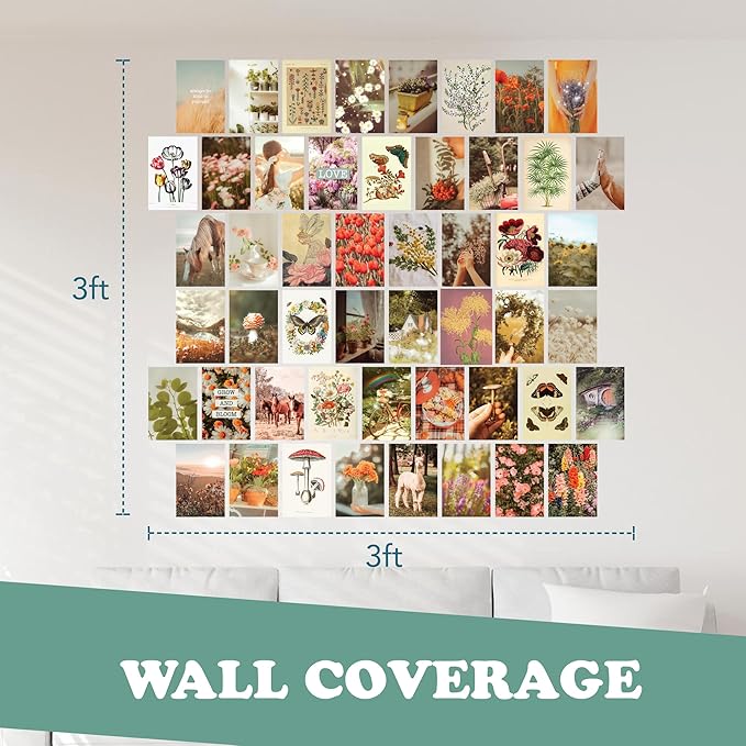 Artivo Wall Collage Kit Aesthetic Pictures, Cottagecore Wall Collage Kit, Bedroom Decor for Teen Girls, Nature Boho Collage Kit for Wall Aesthetic Posters, 50 Set 4x6 inch, Photo Collection