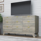 Fluted 9 Drawer Dresser, 57.1" Wide Modern Boho Chest of Drawers, Wooden Storage Dresser TV Stand for Bedroom, Living Room, Closet, Hallway, Curved Profile Design