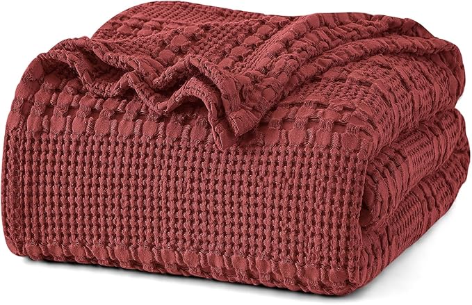 PHF 100% Cotton Waffle Weave Blanket Twin Size, Soft Lightweight Breathable Cozy Summer Blankets for Bed, Luxury Aesthetic Woven Bedding for Home Decor, 66"x90", Wine Red