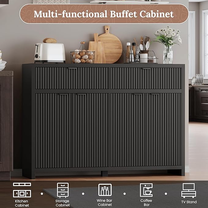 Fluted Sideboard Buffet Cabinet with Storage Drawers, 55" Large Accent Storage Cabinet with Doors and Adjustable Shelf, Modern Farmhouse Credenza for Entryway, Kitchen, Living Room - Black