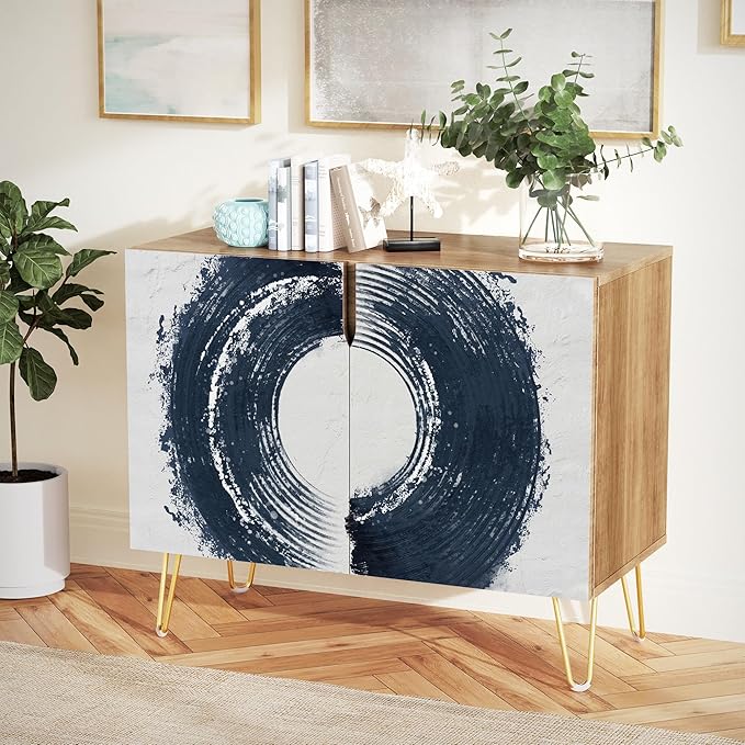 SIGNWIN Sideboard Buffet Cabinet, Kitchen Storage Cabinet with 2 Doors, Geometric Dark Paint Stroke Ring Geometry Nordic, Cupboard Console Table for Dining Room - 35" L x 18" W x 29" H