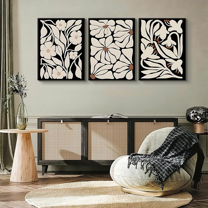 QGNBGBJ Framed Black Boho Flowers Plant Wall Art Abstract Botanical Flower Canvas Poster Vintage Bohemian Neutral Floral Prints Wall Decor Trendy Black Beige Floral Set for Girl Bedroom(12x16in)
