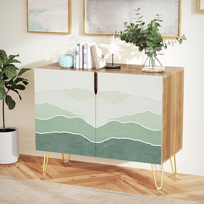 SIGNWIN Sideboard Buffet Cabinet, Kitchen Storage Cabinet with 2 Doors, Green Mountain Range Landscape, Cupboard Console Table for Dining Room - 35" L x 18" W x 29" H