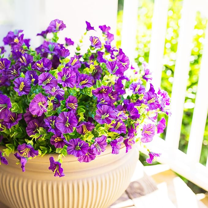 HyeFlora Artificial Flowers for Outdoors Fake Plants Outside Decoration, 12 Bundles Silk Purple Morning Glory with Eucalyptus UV Resistant Look Real Faux Flower for Planter Front Door Porch Patio Yard