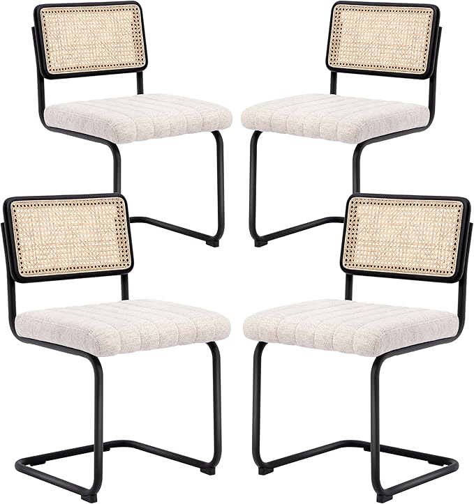 Natural Rattan Dining Chairs Set of 4, Modern Kitchen Chairs with Solid Wood Back, Upholstered Cesca Side Chairs with Comfy Linen Cushion