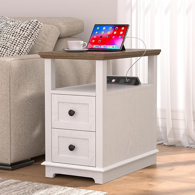 HIFYOBRO Narrow End Table with Flip Top Charging Station and 2 Drawers, Type-C & USB Port & Power outlets, Wooden Storage Cabinet, Side Table with Storage for Living Room and Bedroom (White)