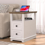 HIFYOBRO Narrow End Table with Flip Top Charging Station and 2 Drawers, Type-C & USB Port & Power outlets, Wooden Storage Cabinet, Side Table with Storage for Living Room and Bedroom (White)