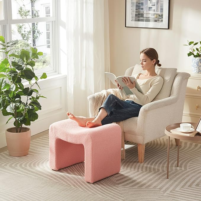 Vanity Stool Foot Rest Small Footstool Ottoman Chair Seating Backless Modern Teddy Velvet Ottoman for Makeup Room Living Room Bedroom Entryway,(Single 1) Pink