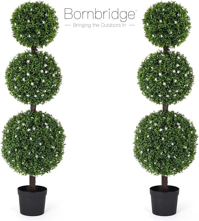 Bornbridge Artificial White Flower Topiary Ball Tree - 4' White Flower Ball Tree - Indoor/Outdoor Topiary Trees (1 Pack)