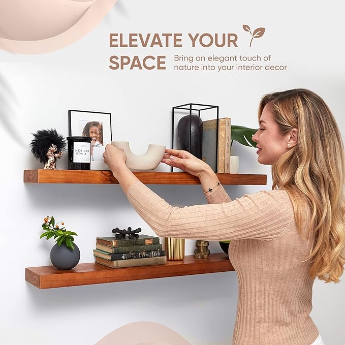 Homeforia Oak Floating Shelves 36 inches Long, High End Solid Real Wood 36 inch Floating Shelf for Room Wall, Honey Oak Wooden 36inch Kitchen Shelves, Heavy Duty Bracket, 36 X 6.5 X 1.75 in, Set of 4