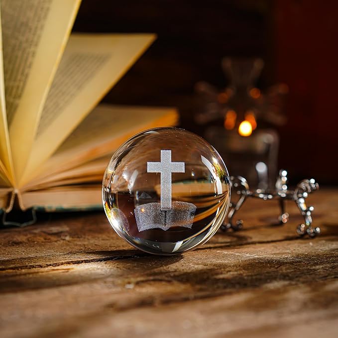 ZEERSHEE 3D Laser Engraved Cross Bible Crystal Ball with Stand Religious Christian Collectible Decoration for Home Office
