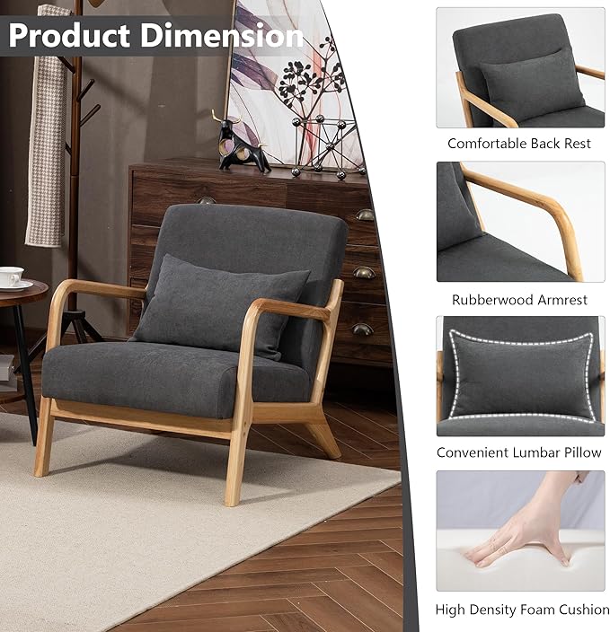 Modern Accent Chair, Cotton Linen Fabric Upholstered Lounge Armchair with Solid Wood Frame for Living Room, Bedroom, Reading Nook (Grey)