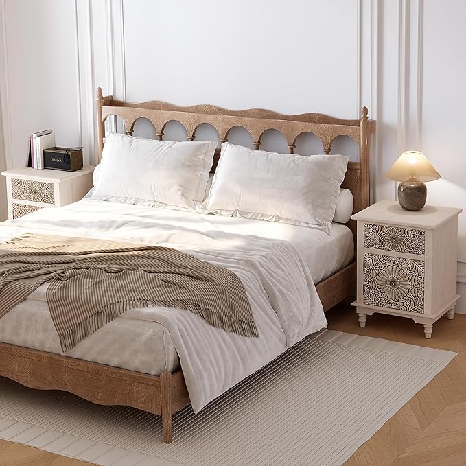 HOMPUS White Nightstand with Drawer & Storage, Fully-Assembled Flower Motif Night Stand for Small Spaces, 2 Drawer End Table with Storage for Living Room, Bedroom, Distress White