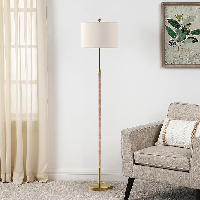 Boho Rattan Floor Lamp for Living Room, Adjustable Height:65"-70" Brass Gold Standing Lamp, Farmhouse Tall Skinny Pole Light with Oatmeal Shade for Bedroom Office