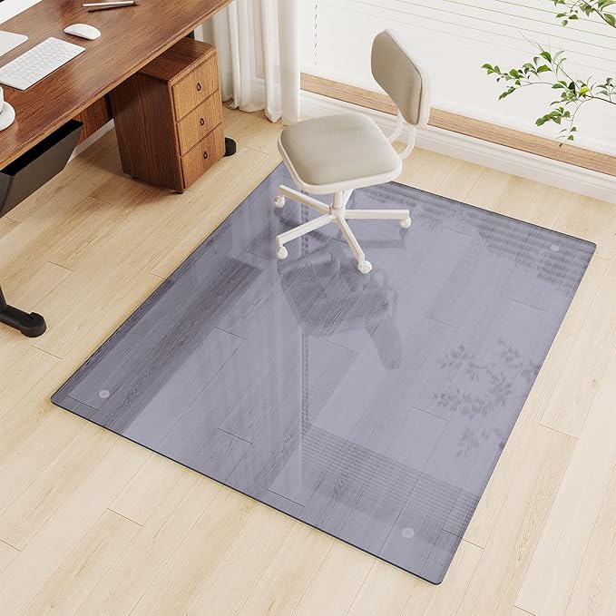 Glass Chair Mat 46" x 55" Heavy Duty Tempered Glass Mat, Office Glass Floor Mat with Round Corner and Polished Edge for Smooth Glide, Carpet Hardwood Floor Protector,Grey