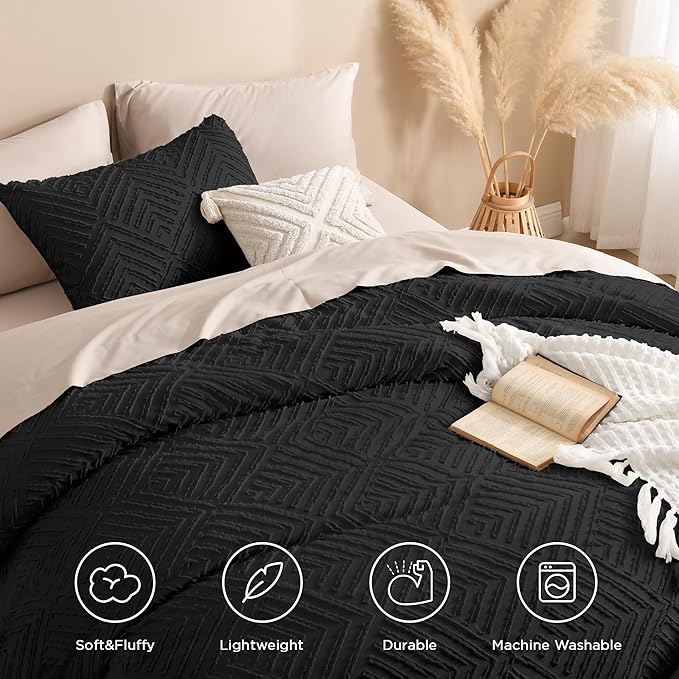Andency Black Comforter King Set, 3 Pieces Boho Bedding Set & Collections, Farmhouse Tufted Fluffy Bedding Comforter Sets for King Bed (1 Comforter 104x90In, 2 Pillowcases)